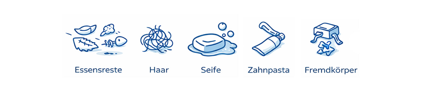 Typische Ursachen für verstopfte Abflüsse: Essensreste, Haare, Seife, Zahnpasta, Fremdkörper