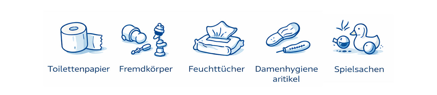 Typische Ursachen für verstopfte Abflüsse: Toilettenpapier, Fremdkörper, Feuchttücher, Damenhygieneartikel, Spielsachen